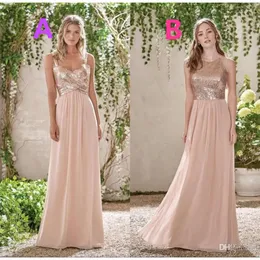 Goldfarbene, mit Pailletten besetzte Rose, glitzernde Brautjungfern-Kleider aus langem Chiffon mit Neckholder, A-Linie, Trägern, Rüschen, Perlenrosa, Trauzeugin-Kleider für Hochzeitsgäste