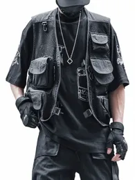 Houzhou Techwear Черный байкерский жилет-карго без рукавов Майки Мужские топы с рукавами Мужская одежда Японская уличная одежда Хип-хоп f96g #