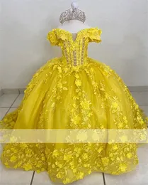 Nuovo design giallo fiore ragazze abito con spalle scoperte principessa abito da ballo applique cristalli perline servizio fotografico prima comunione