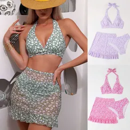 24 year new bikini womens split swimsuit digital printed mesh skirt three piece swimsuit