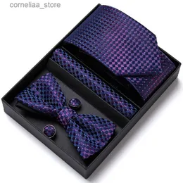 Hals Krawatten Halskrawatten Schöne handgefertigte Fliege Krawatte Taschentuch Pocket Squares Manschettenknacker Set Krawattenbox Paisley Sliver Fit Arbeitsplatz Y240325