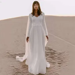 Boho Beach Chiffon Wedding Dress Custom Long Sleeves V Neck Backless Bohemian Bridal Gowns Sweeptrain Robe Soire de Mariage CG001