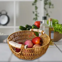 Cestas tecidas redondas cesta de armazenamento doméstico recipiente de frutas cesta de piquenique resistente com alça dupla para jardim casa