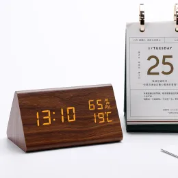 Clocks Wooden Alarm Clock Digital LED Time Display USB Charger Humidity and Temperature Detection Digital Alarm Clock For Bedside Table