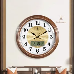 Relógios de parede relógio sala estar decoração moda relógios pendurado madeira maciça chinês europeu onda rádio reloj de pared