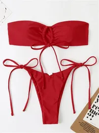 Damen-Bademode, Bandeau-Bikini, sexy rot, schwarz, plissiert, Schnür-Badeanzug, 2024, ausgeschnittener Strand-Badeanzug, seitlicher Tanga-Bikini