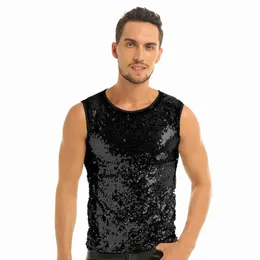 yizyif Regata masculina de lantejoulas brilhante, top curto, gola redonda, colete fino, sexy, aparência molhada, roupa de balada, camiseta muscular, colete masculino 36IK #