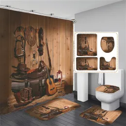 Curtains Rustic Western Cowboy Shower Curtain American Country Music Bathroom Curtain Set Bath Mat Rug Carpet Bathtub Accessories Decor