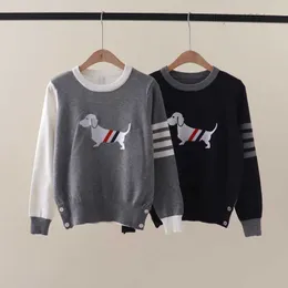 2023 Autumn/Winter New TB Academy Style Color Blocked Dog Brodery Back Digital Round Neck Pullover Långärmad stickad