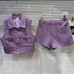 Coletes femininos cor roxa turn down colarinho tweed sem mangas colete casaco e shorts twinset 2 pc terno sml