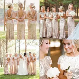 Günstige Brautjungfernkleider im Meerjungfrau-Roségold mit kurzen Ärmeln, rückenfrei, lang, Strand-Pailletten, Hochzeit, Party, Trauzeugin-Kleid