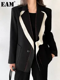 Eam feminino preto contraste cor rebarba blazer lapela manga longa solto ajuste jaqueta moda primavera outono 2024 1w519 240301