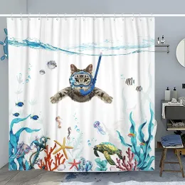 Curtains 1pc Sea Swimming Animal Cute Cat Dog Print Shower Curtain, Ocean Theme Shower Curtain, Polyester Fabric Curtain With Hook