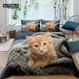 Set Home Living Luxury 3D Pet Cat Bettwäsche Set Orange Cat Duvet Cover Kissenbezug Königin und König EU/US/AU/UK Größe Tröster Bettzeug bloße Vorhänge