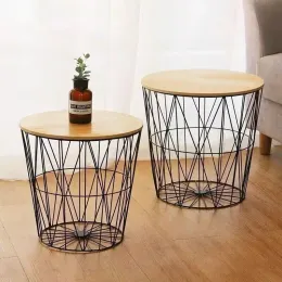 Baskets Iron art bedside table, light luxury, bedside storage basket with cover, multifunctional storage, small table, living room, sma