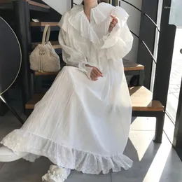 Casual Dresses Vestidos De Mujer Heavy Industry Lace Doll Neck Ruffle White Folded Loose Flare Sleeve Dress Long Shirt Birthday Summer