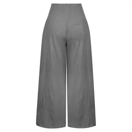 Kvinnors byxor sommar bomull linnet brett ben kvinnor lös palazzo byxficka elastisk midja knapp casual pantalones de mujer