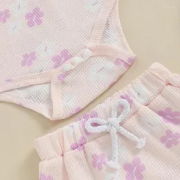 Kläder set baby flicka sommarkläder blommor ärmlös våffla romper ruffle shorts pannband 3 st född spädbarnsdräkt set