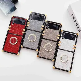 Obudowy telefonu komórkowego Nowa luksusowa moda kwadratowa skórzana obudowa na Samsung Galaxy Z Flip 5 4 3 Pierścień Pierścień odporna na okładkę Fundas Glitter Case H240326