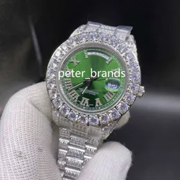 Relógio grande de diamante masculino 43mm, relógio de aço inoxidável prateado, rosto verde, pulseira de diamante completo, relógio mecânico automático fr299b