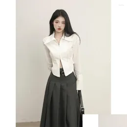 Женские блузкие рубашки Slim Crop Women Женщины с длинными рукавами простая элегантная офисная леди Y2K шикарная молния в корейском стиле модная уличная одежда внутри Dro othoh