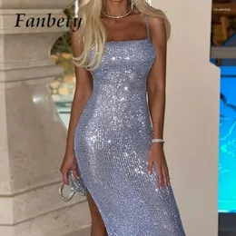 Abiti casual Sexy paillettes con cinturino per spaghetti maxi vestito da festa lucido da donna glitter con spacco alto cocktail da sera lungo da donna senza maniche