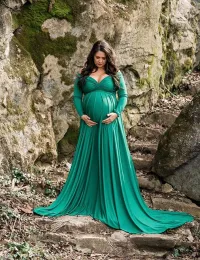 Vestidos de cauda longa vestidos para grávidas fotografia adereços vneck maxi vestido de algodão mulheres grávidas gravidez outono foto sessão roupas