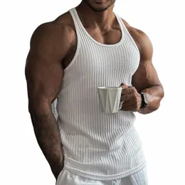 Summer Knit Fitn Vest For Men I Line Back Slim Vertical Stripes Fi Sportswear Bortable Bodybuilding Melle Vest 27iu#