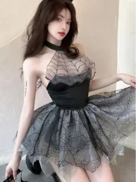 Casual Dresses Spider Web Hanging Neck Backless Nightclub Sexig Spicy Girl Super Short Fluffy Black Dress Slim Elegant Fashion 0on4