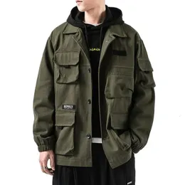 MUTIPOCKETS Lastmän denim Jackor Spring Autumn Streetwear Army Green Harajuku Coat Korean Fashion Militär Casual Workwear 240311