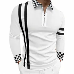 Fi Patchwork Striped Lg Sleeve Tops ذكر Zip-up zip-up und-ullar قمصان البولو قميص Pulo Slim Slim Slim X7ph#