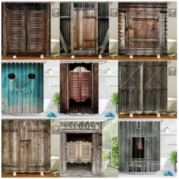 Cortinas decorativas de fazenda, porta de madeira, cortina de chuveiro, retrô, rústico, celeiro, porta de madeira, europa, país ocidental, decoração de casa, ganchos de cortina de banho