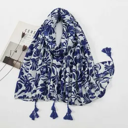 Sarongs Autumn new navy blue tassel adhesive shawl with high-quality printed soft packaging Pashmina Muslim headscarf Sjaal 180 * 90Cm 240325