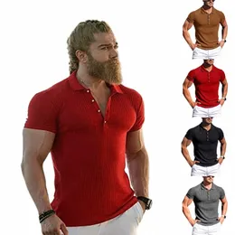 2022 summer new men's sports fitn clothes high elastic vertical strip short-sleeved POLO shirt slim knitted bottoming shirt M0BN#