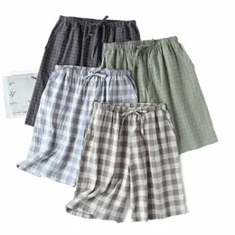 new 2024 Men's Sleepwear Pajama Shorts Plaid Design 100% Cott Casual Loose Double-layer Homewear Sleep Bottoms Male Home Pants T6sw#