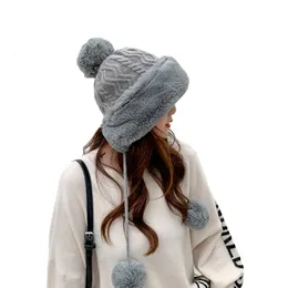 Feminino inverno malha chapéu solto velo forrado pele do falso meninas quente e confortável esqui neve cúpula roupas acessórios 240309