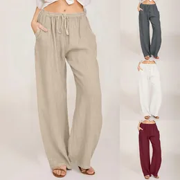 Women's Pants Women Cotton Linen Wide Leg Drawstring Casual Elastic Waist Long Pockets Solid Color Loose Trousers Pantalones 2024