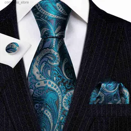 Neck Ties Luxury Men Tie Set Blue Green Teal Paisley Silk Necktie Pocket Square Cufflinks Set Wedding Accessories Corbatas BarryWang 6276 Y240325