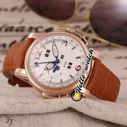Ny evig kalender 322-66 91 Vit Dial Automatic Mens Watch Leather Strap Rose Gold Case Brown Leather Strap Watches Hwun HEL245D