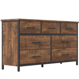 IKENO 7 Drawer Dresser Bedroom, Industrial Wood Dressers & Chests of Drawers with Sturdy Steel Frame, Storage Organizer for Bedroom Office Wood, Walnut