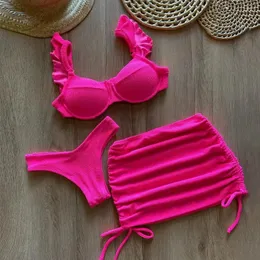 Mulheres Swimwear Sólido Tecido Ondulado Cintura Baixa Bikini Set Cover Up Maiô Para Mulheres Push Ruffle Três Peças 2024 Beach Bathing Suits