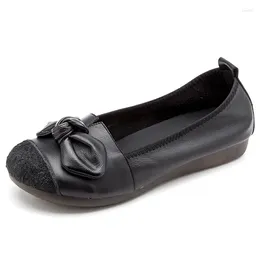 Casual Shoes Soft Leather Black Women Genuine Flat Loafers With Bow 2024 Slip Ons Sneakers Female Flats