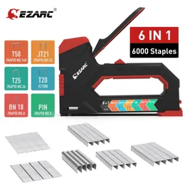 Ezarc pistola de grampo resistente 6 em 1 manual brad nail gun com 6000 grampos de contagem para material de estofamento reparação carpintaria casa diy 240312