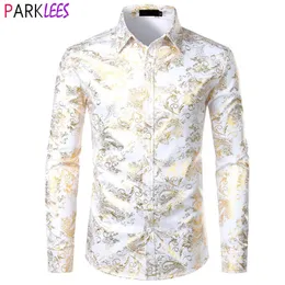 Błyszczące Paisley wydrukowane luksusowe koszule Mężczyźni Men Long Rleeve swobodne guziki w dół biały ślub pary groom kolacja koszula męska Chemise 240320