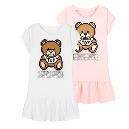 Summer Girls Bear Princess Sukienki dla dzieci okrągłe kołnierz Falbala sukienka 2024 Modna Dzieci Cartoon Cotton Clothing Z7323