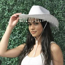 Chapéus moda strass franja cowgirl chapéu cor sólida ocidental cowboy boné com cordão ajustável aba larga festa jazz top hat