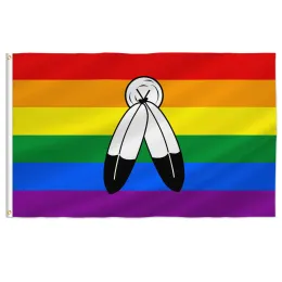 Accessori Bandiera PTEROSAUR Two Spirit Pride, Bandiera LGBT 2 Spirit Rainbow per decorazioni per feste LGBTQ Banner per decorazioni per interni ed esterni, 2x3 3x5 Ft