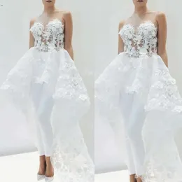Spitzenapplikation Braut -Overalls mit Zug für Frauen eleganter 3D Blumenröpfer Rock Weißer Hochzeit Hose Anzug Kleid