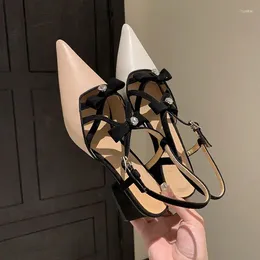 Elbise ayakkabıları bej deri kadınlar bahar pompaları sivri uçlu slingback balo sandaletler dar kristal kayış yaz sandalyaları femmes kare topuklar