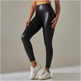 Active Pants Cuties glänsande hög midja pu läder leggings kvinna byte lyft gym fitness yoga casual träning sport kompression tight dhnwg